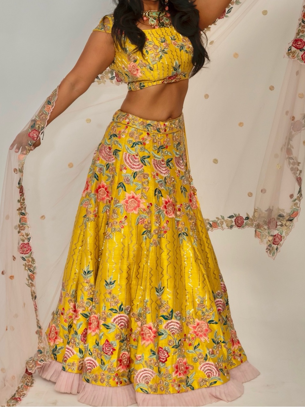 Yellow Floral Embroidered Lehenga
